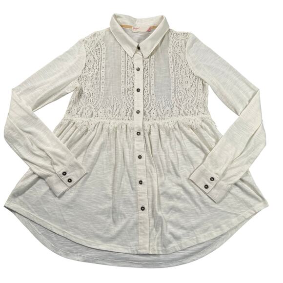 Grayson Top Medium Off-white Slub Knit Sheer Lace Trim Babydoll Long Sleeve - Picture 6 of 16